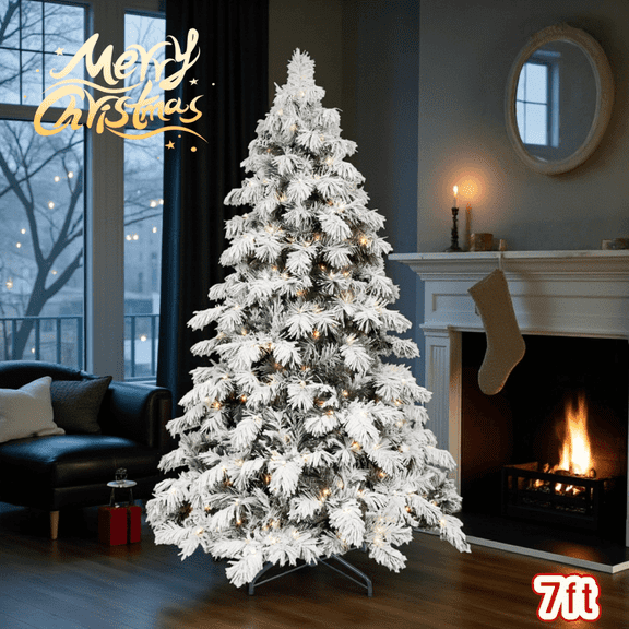 Tcbosik Pre-lit Flocked Christmas Tree, 7ft Artificial Holiday Xmas Tree with 360 Warm White Lights and 890 PVC Memory Wire Tips, Hinged Structure & Metal Base for Home Office, Green & White