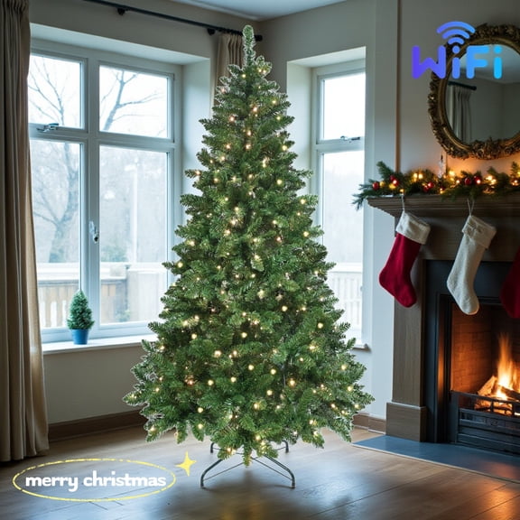 Tcbosik Prelit Artificial Christmas Tree with 400 WiFi-Controlled RGB LED Lights, Music Sync Mode & 38 Light Functions, 7ft Xmas Tree with 1063 Tips & Metal Stand, Smart Holiday Decoration, Green