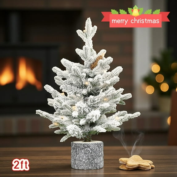 Tcbosik Prelit Tabletop Christmas Tree with 30 Warm White LED Lights, 2ft Small Flocked Xmas Tree with 189 Branch Tips & Pot Base, White+Green