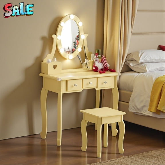 Tcbosik Princess Style Vanity Table Set with Stool, LED Lighted Mirror Makeup Desk with Storage Drawers and Open Boxes, Detachable Mirror for Desk Use, Cute Bedroom Vanity, Orange