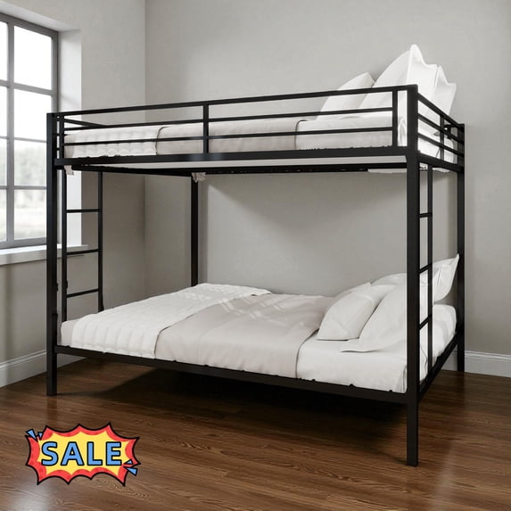 Tcbosik Queen Over Queen Bunk Bed for Adults, Heavy Duty Metal Bed Frame with Full-Length Guardrail and Built-in Ladder, Easy Assembly, Black