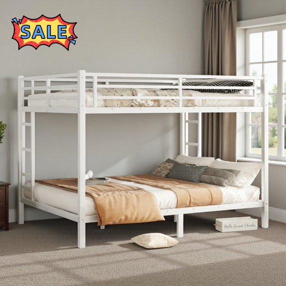 Tcbosik Queen Over Queen Size Metal Bunk Bed with Guardrail and Ladder, Bed Frame for Bedroom, Easy Assembly, No Box Spring Needed, White