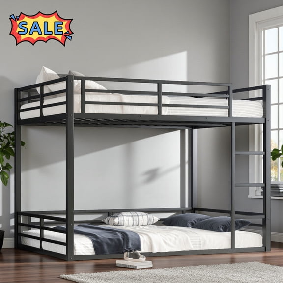 Tcbosik Queen Over Queen Size Metal Bunk Bed Frame with Ladder and Guardrail, Space-Saving Heavy Duty Floor Bunkbed Frame, No Box Spring Needed, Black