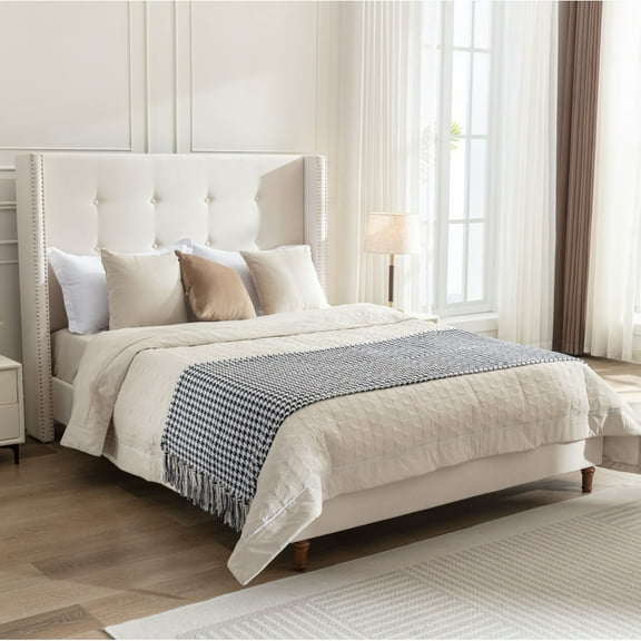 Tcbosik Queen Size Bed Frame, Upholstered Velvet Platform Bed with Button Tufted Headboard, No Box Spring Needed, Ivory