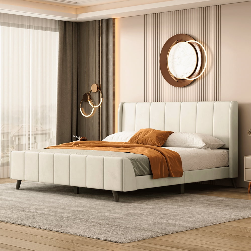 HOMBCK Upholstered Full Bed Frame With Headboard & Footboard - Cream Velvet, No Box Spring Needed - View #5