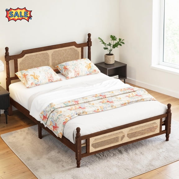 Tcbosik Queen Size Bed Frame with Rattan Headboard and Footboard, Wood Platform Bed for Bedroom, Easy Assembly, Walnut