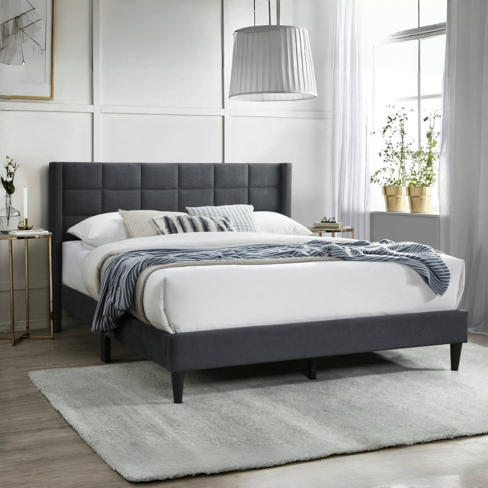 Tcbosik Queen Size Bed Frame with Upholstered Wingback Headboard, Platform Bed for Bedroom, Heavy Duty Wooden Slats Support, Easy Assembly, Charcoal