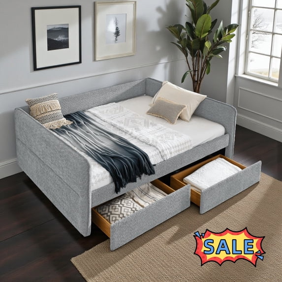 Tcbosik Queen Size Daybed with 2 Storage Drawers, Boucle Fabric Upholstered Sofa Bed for Bedroom, Living Room, Guest Room, No Box Spring Needed, Grey