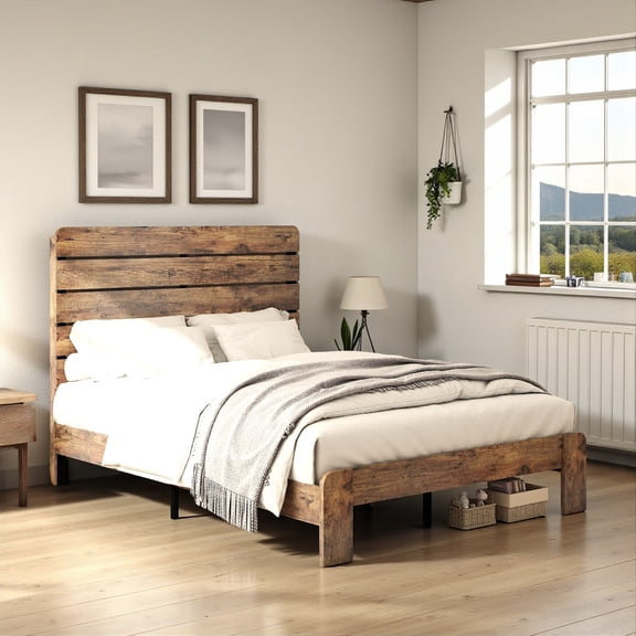 Tcbosik Queen Size Industrial Platform Bed Frame, Heavy Duty with 800 lbs Weight Capacity, Metal & Wood Slats Support, Dark Brown