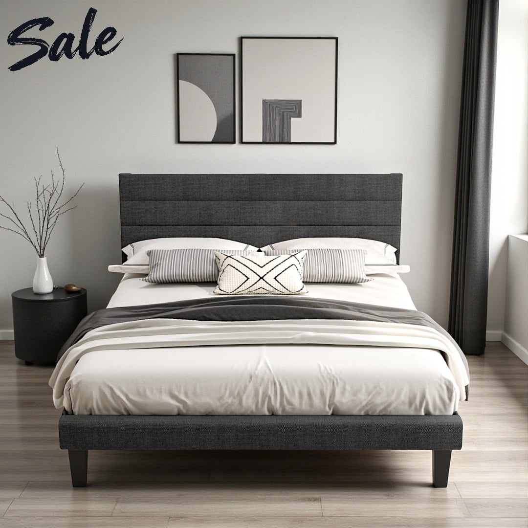 Tcbosik Queen Size Linen-Like Tufted Upholstered Platform Bed Frame with Adjustable Soft-Padded Headboard, 3 Height Settings, 800 lbs Weight Capacity (Dark Gray)
