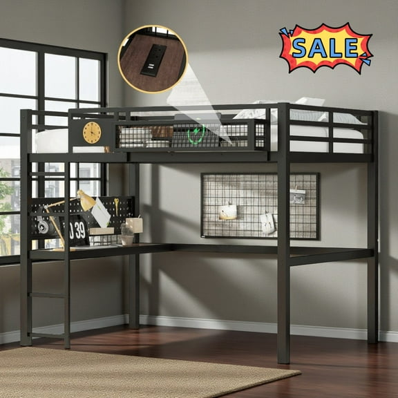 Tcbosik Queen Size Loft Bed with Charging Station and L-Shaped Desk, Clock, Storage Basket and Pegboard, Metal Bed Frame with Built-in Ladder and Full Length Guardrail, Space Saving, Black