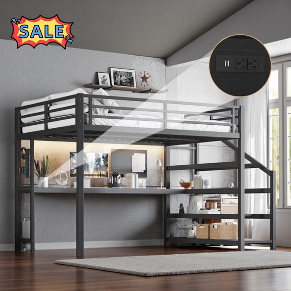 Tcbosik Queen Size Loft Bed with Charging Station and LED Lights, Writing Desk and Open Shelves, Heavy Duty Metal Bed Frame with Stairs and Guardrail, No Box Spring Needed, Black