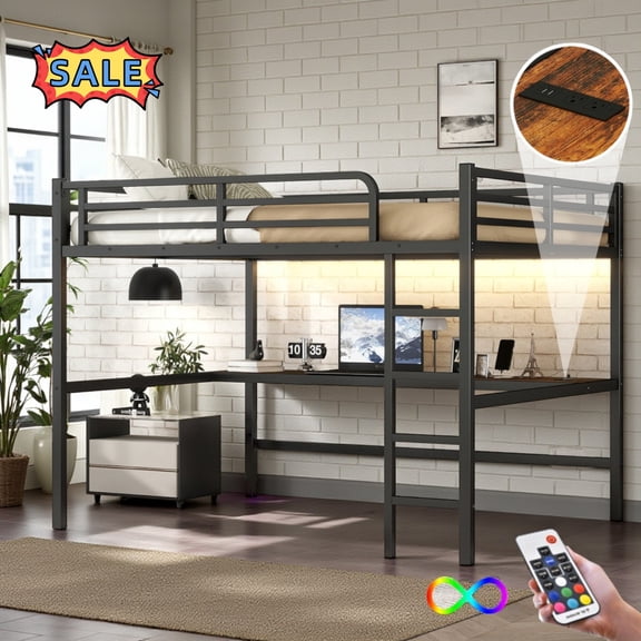 Tcbosik Queen Size Loft Bed with L-Shaped Desk, Charging Station and LED Lights, Heavy Duty Metal Bed Frame with Built-in Ladder and Full Length Guardrail, Noise Reduced, Black