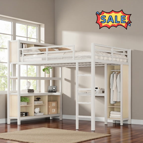 Tcbosik Queen Size Loft Bed with L-Shaped Desk and Wardrobe, Storage Cubes and Open Shelves, Heavy Duty Metal Bed Frame with Ladder and Safety Guardrail for Bedroom, No Box Spring Needed, White