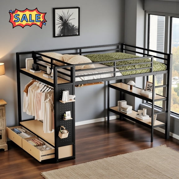 Tcbosik Queen Size Loft Bed with Pegboard and Hanging Rod, Open Shelves and Storage Drawers, Heavy Duty Metal Bed Frame with Ladder and Guardrail for Bedroom, Space Saving, Black