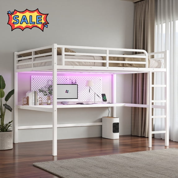 Tcbosik Queen Size Loft Bed with Writing Desk, Charging Station and LED Lights, Metal Bed Frame with Ladder and Guardrail, No Box Spring Needed, White