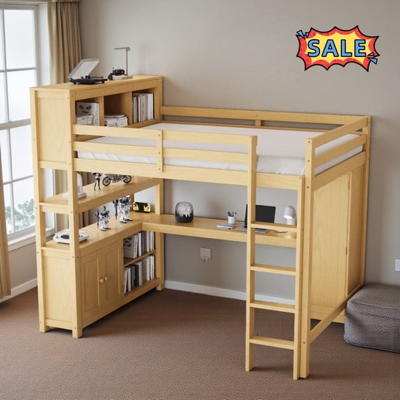Tcbosik Queen Size Loft Bed with Wardrobe, Desk, Shelves and Cabinet, Wood Bed Frame with Ladder and Guardrail, No Box Spring Needed, Natural