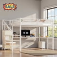 thumbnail image 1 of Tcbosik Queen Size Metal Loft Bed with Charging Station and LED Light, Writing Desk, Open Shelves and Storage Wardrobe, Bed Frame for Small Space, White, 1 of 9