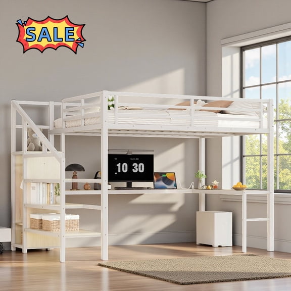 Tcbosik Queen Size Metal Loft Bed with Charging Station and LED Light, Writing Desk, Open Shelves and Storage Wardrobe, Bed Frame for Small Space, White