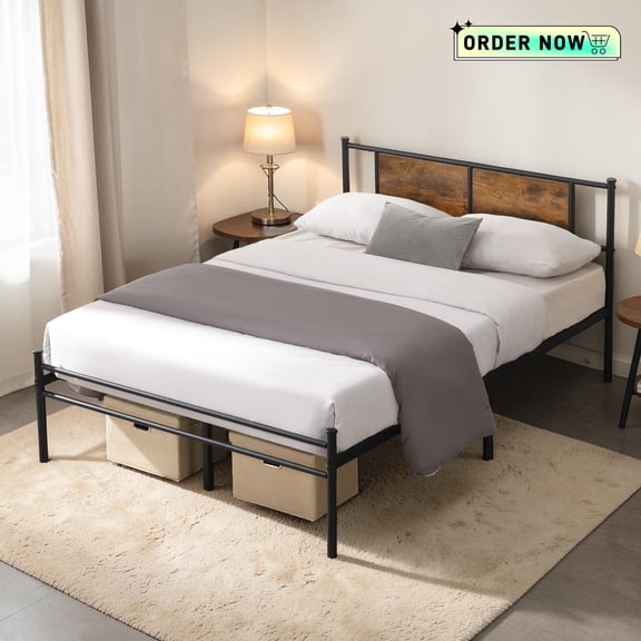 Tcbosik Queen Size Platform Bed Frame, Heavy Duty Metal Slats Support, Easy Assembly, Black+Brown