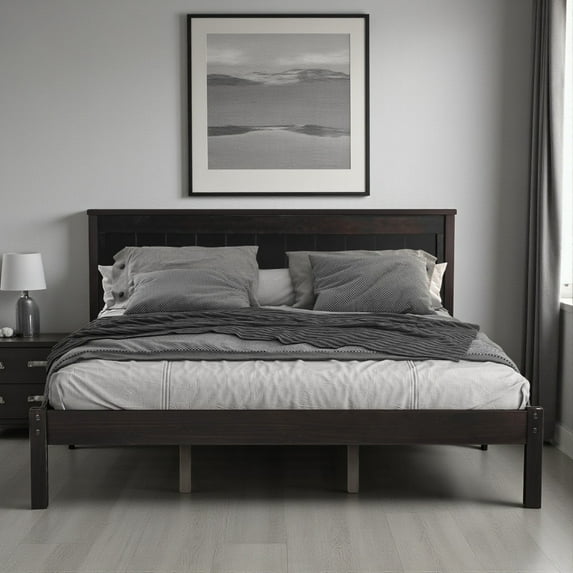 Tcbosik Queen Size Platform Bed with Headboard, Modern Farmhouse Style Wood Frame, No Box Spring Needed, 12" Under Bed Storage Space (Espresso)