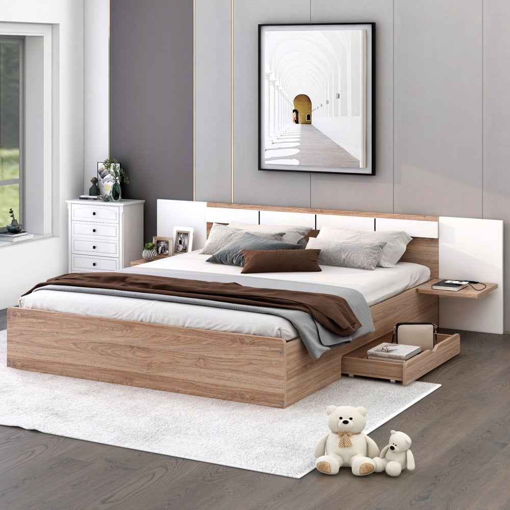 Tcbosik Queen Size Platform Bed with Storage Shelves, USB Ports and ...