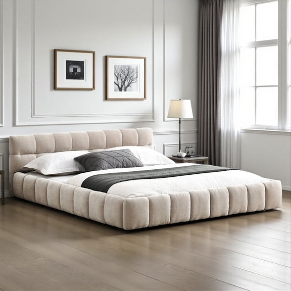 Tcbosik Queen Size Upholstered Grounded Bed, Modern Chenille Fabric Platform Bed Frame with Soft Padded Headboard Beige