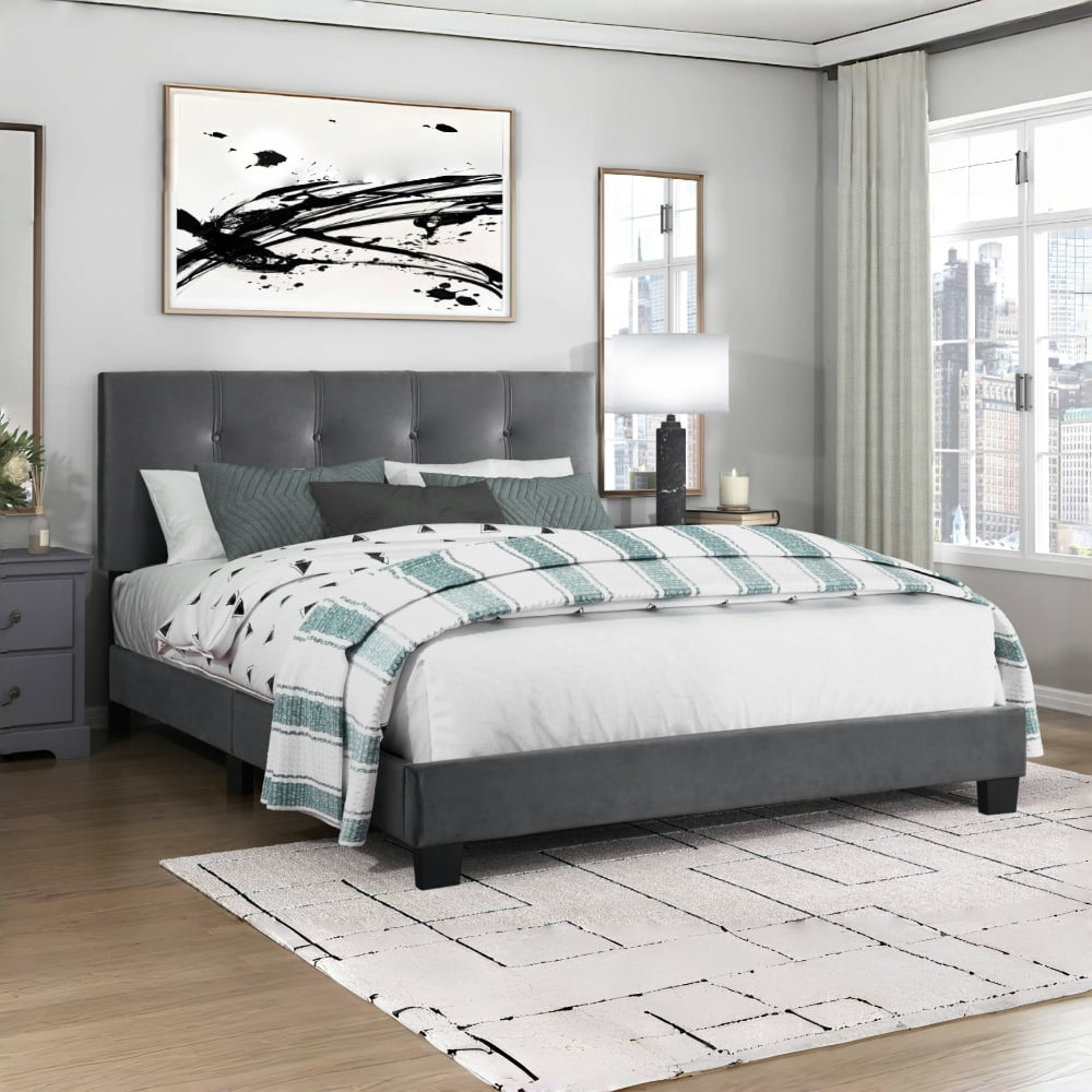 Tcbosik Queen Size Upholstered Platform Bed, Wood Bed Frame, Height Adjustable Headboard with Tufted Button Design, Dark Gray
