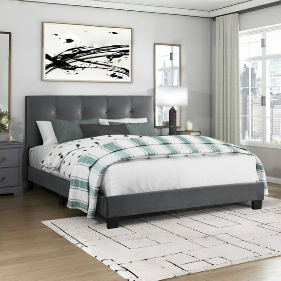 Tcbosik Queen Size Upholstered Platform Bed, Wood Bed Frame, Height Adjustable Headboard with Tufted Button Design, Dark Gray