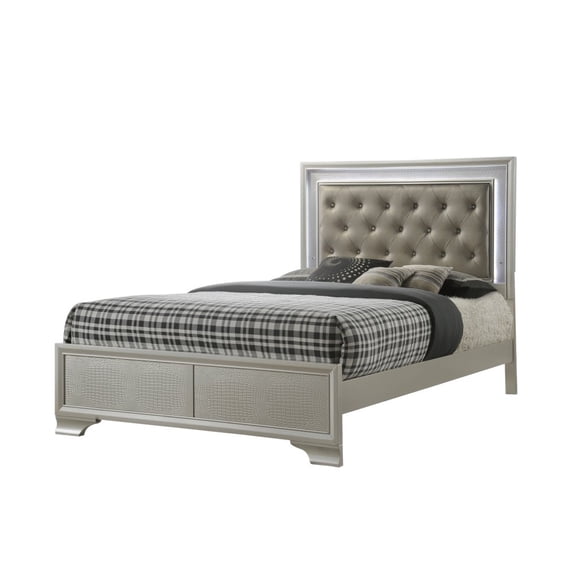 Tcbosik Queen Size Upholstered Platform Bed with LED Light and Button Tufted Headboard, Box Spring Needed, Champagne