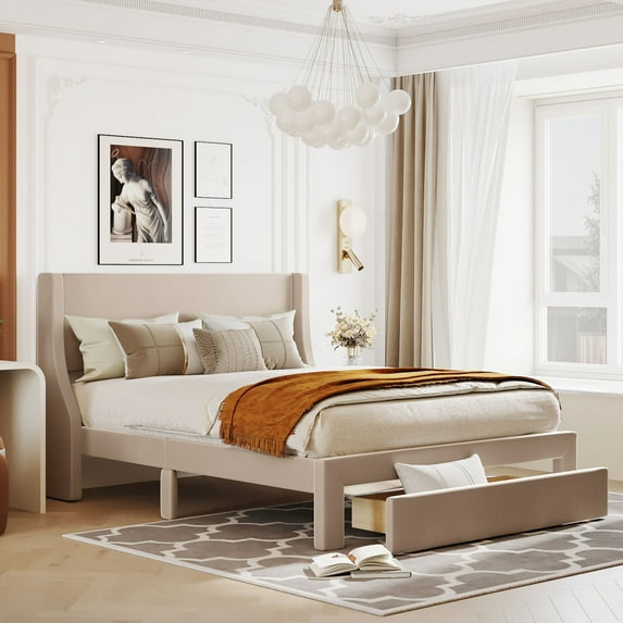Tcbosik Queen Size Velvet Upholstered Platform Bed Storage Bed with a Big Drawer - Beige