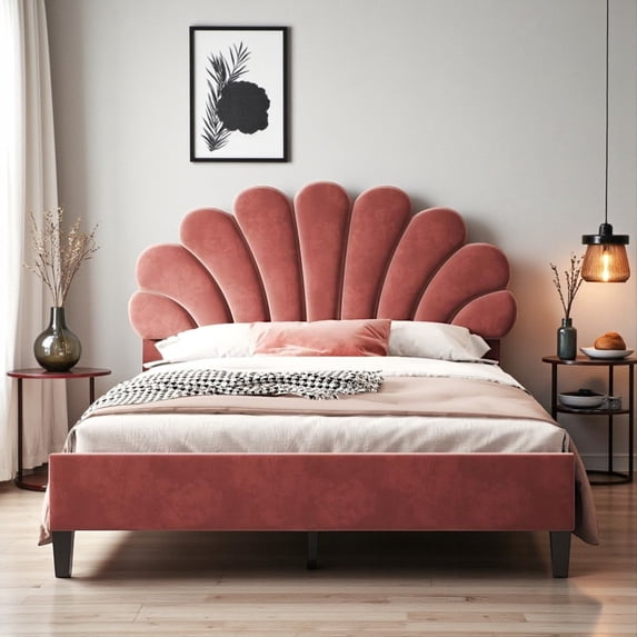 Tcbosik Queen Velvet Upholstered Platform Bed with Floral-Shaped Headboard, No Box Spring Needed, Contemporary Chic Design (Bean Paste Red)