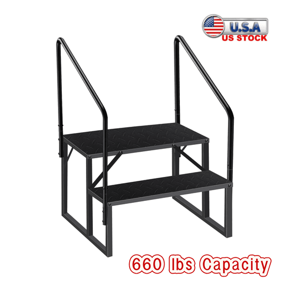 Tcbosik 2-Step RV Step with Handrail, 660 lbs Load Capacity Step Ladder with Anti-Slip Panel, Mobile Home Stairs for Travel Trailers, Black