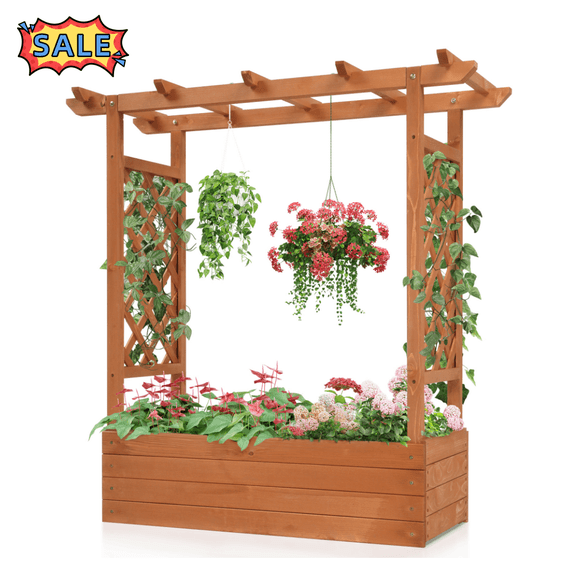 Tcbosik Raised Garden Bed with Arch Trellis, 44.5"H Wood Planter Box with Drainage Holes, Elevated Plant Container for Outdoor Climbing Plants Vegetables Flowers Herbs, Teak Color