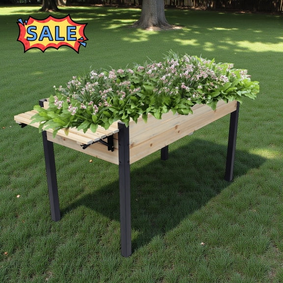 Tcbosik Raised Garden Bed with Foldable Side Shelf, Elevated Planter with Metal Legs for Growing Fresh Herbs, Vegetables, Flowers, Outdoor Plant Container for Patio, Balcony, Yard, Black+Natural