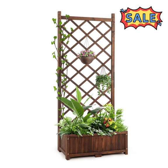Tcbosik Raised Garden Bed with Trellis for Climbing Plants, Outdoor Planter with Drainage Holes, 67"H Free Standing Plant Container for Flowers, Herbs, Fruits, Brown