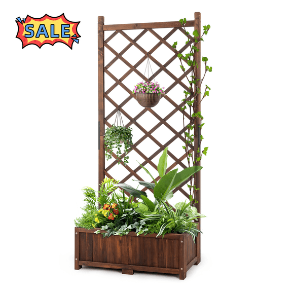 Tcbosik Raised Garden Bed with Trellis, 67"H Outdoor Wood Planter Box & Plant Stand with Drainage Holes for Patio Porch Yard, Brown
