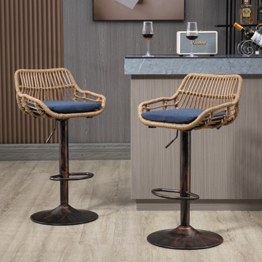 Adjustable Blue Rattan Swivel Bar Stools with Metal Base