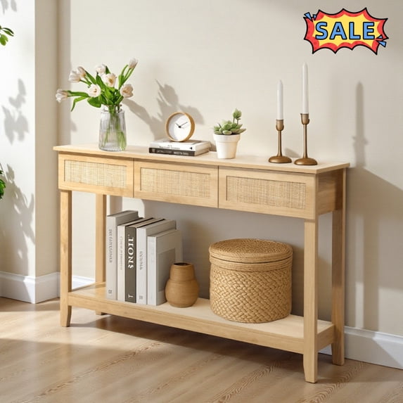 Tcbosik Rattan Console Table with Shelf and 3 Drawers, 51.2 inch Boho Entryway Table, 2-Tier Narrow Sofa Table, Long Behind Couch Table for Living Room, Hallway, Foyer, Natural