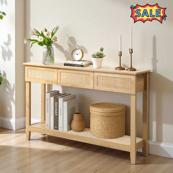 Tcbosik Rattan Console Table with Shelf and 3 Drawers, 51.2 inch Boho Entryway Table, 2-Tier Narrow Sofa Table, Long Behind Couch Table for Living Room, Hallway, Foyer, Natural