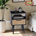 thumbnail image 1 of Tcbosik Rattan Nightstand, 15.7" Side Table with Open Shelf and Storage Drawer, End Table with Solid Wood Legs for Bedroom, Living Room, Black, 1 of 8