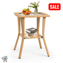 Tcbosik Rattan Patio Side Table, 2-Tier Wicker Bistro Table with Glass Top, Bistro Table with Storage Shelf for Outdoor, Backyard, Porch, Balcony, Patio, Beige