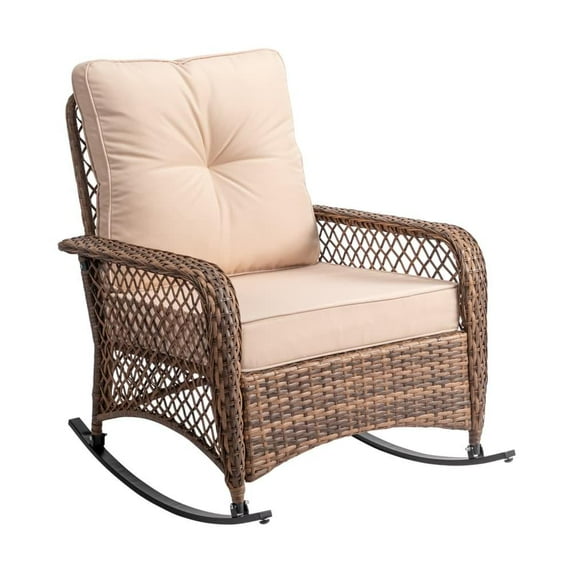 Tcbosik Rattan Rocking Chair with Beige Cushion, Rocker Chair with Metal Frame, Outdoor Lounge Chair for Garden Backyard Porch, Brown