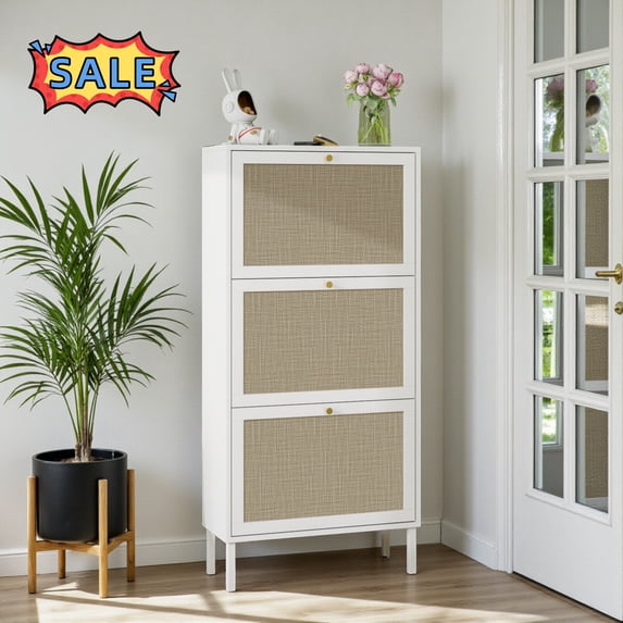 Tcbosik Rattan Shoe Cabinet with 3 Flip Drawers, Hidden Shoe Rack, Narrow Shoe Storage Organizer for Hallway, Entryway, White