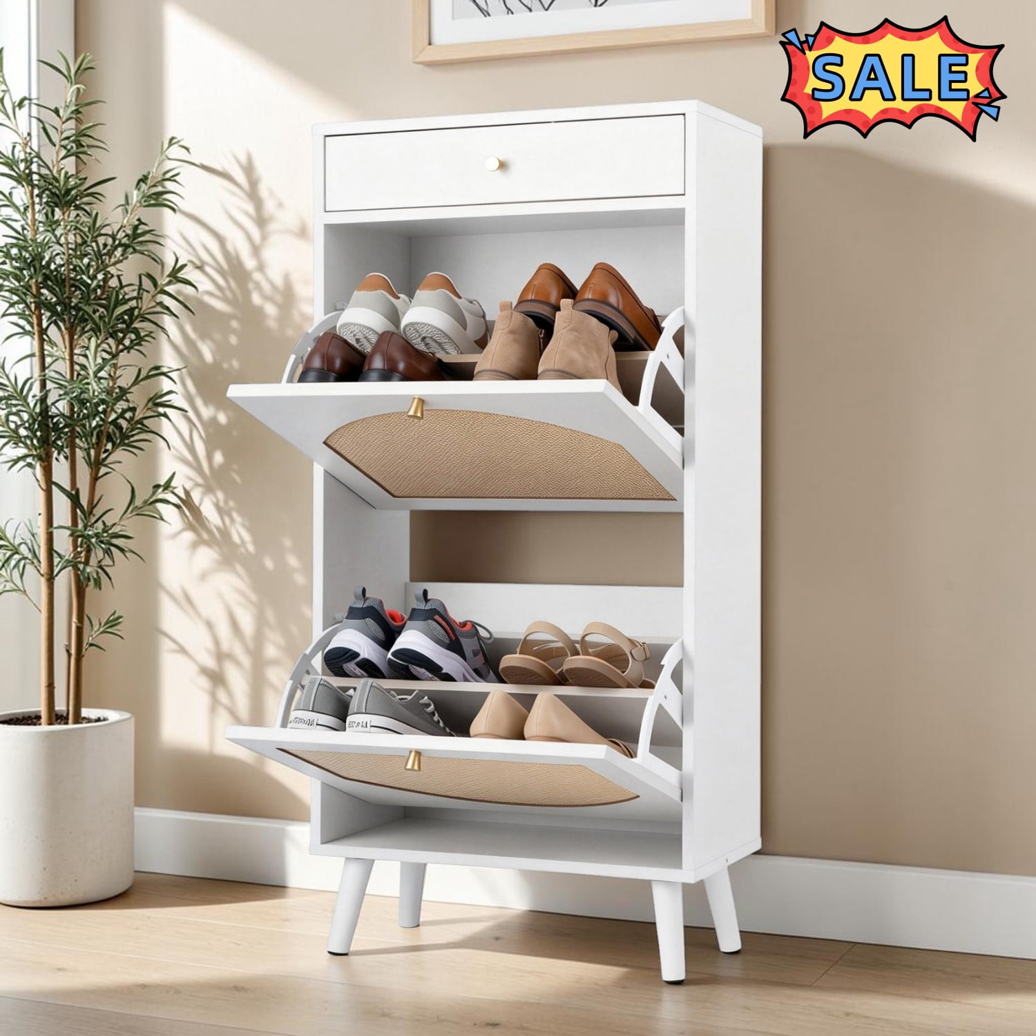 Tcbosik Rattan Shoe Cabinet with Storage Drawer, Freestanding Shoe ...