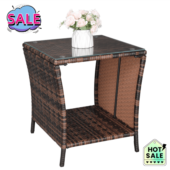 Tcbosik Rattan Side Table, End Table with Storage, Patio Side Table for Indoor Outdoor Porch Lawn Poolside Garden Backyard Balcony, Brown