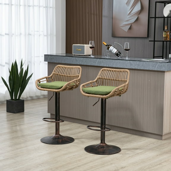 Tcbosik Rattan Swivel Bar Stools Set of 2, 25.6"-33.4" Height Adjustable Counter Height Barstool with Cushion, Kitchen Chair with Low Back & Footrest, Space Saving, Green