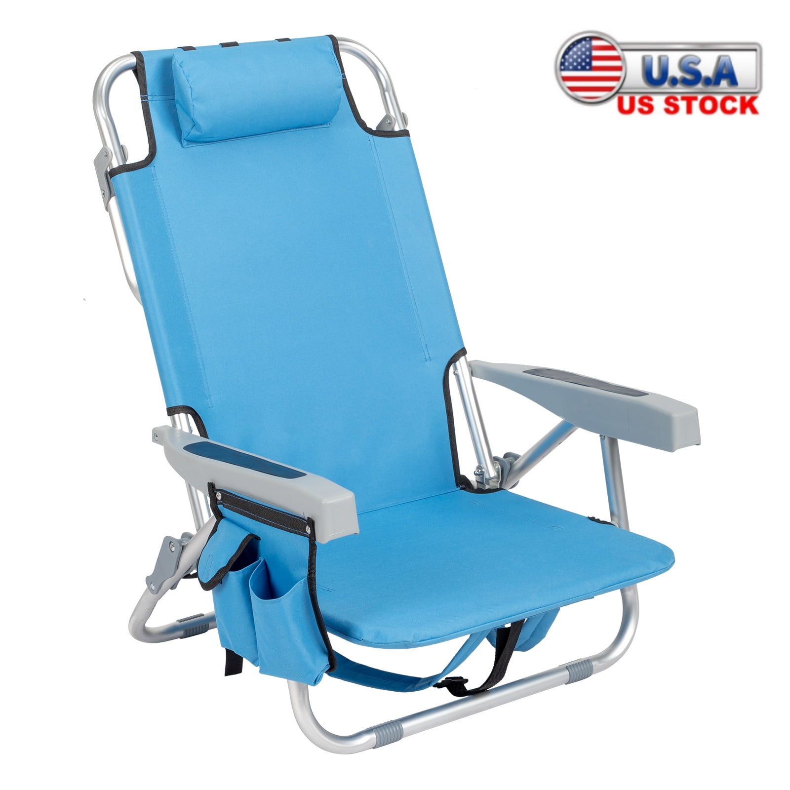 Blue Aluminum Folding Beach Chair with Armrest and Storage