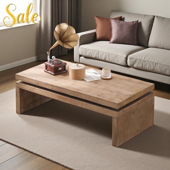 Tcbosik Rectangle Coffee Table, 47.6-Inch Wood Living Room Accent Center Table, Farmhouse Low Cocktail Tea Table with Sturdy Base & Floating Top Design, Easy Assembly (Natural)