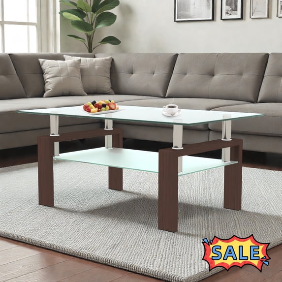 Tcbosik Rectangle Coffee Table with Glass Top and Metal Legs, 38.6" Cocktail Table with Open Shelf, 2-Tier Center Table for Living Room, Easy Assembly, Walnut